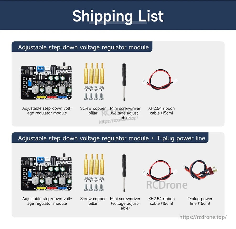 Package contents list for the adjustable step-down regulator module, including standoffs, mini screwdriver, and cables
