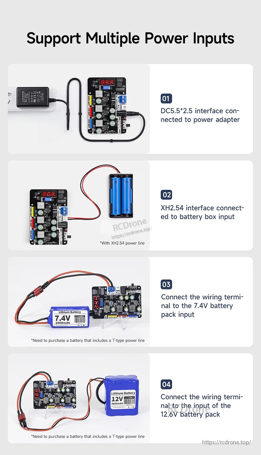 Multiple power input methods for the module: DC barrel jack, XH2.54 battery input, and screw terminal connections