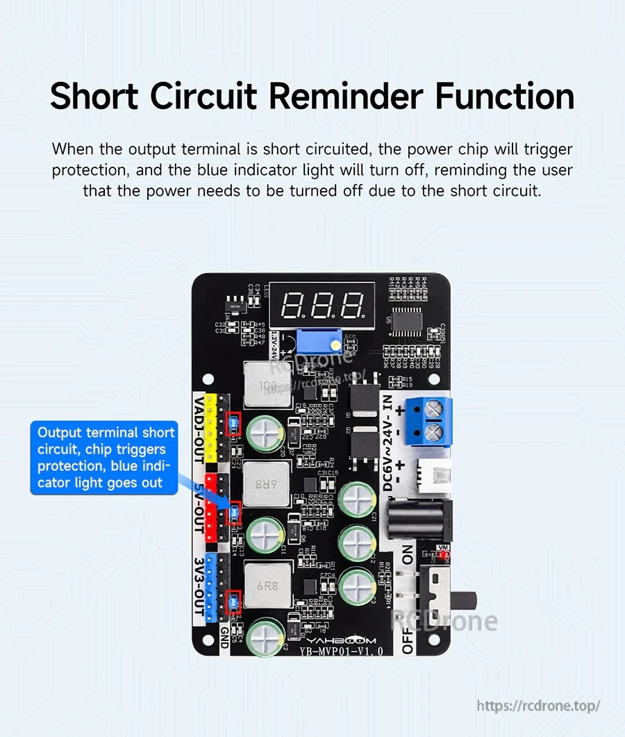 Short-circuit reminder function graphic with indicator light behavior on the step-down module output terminals