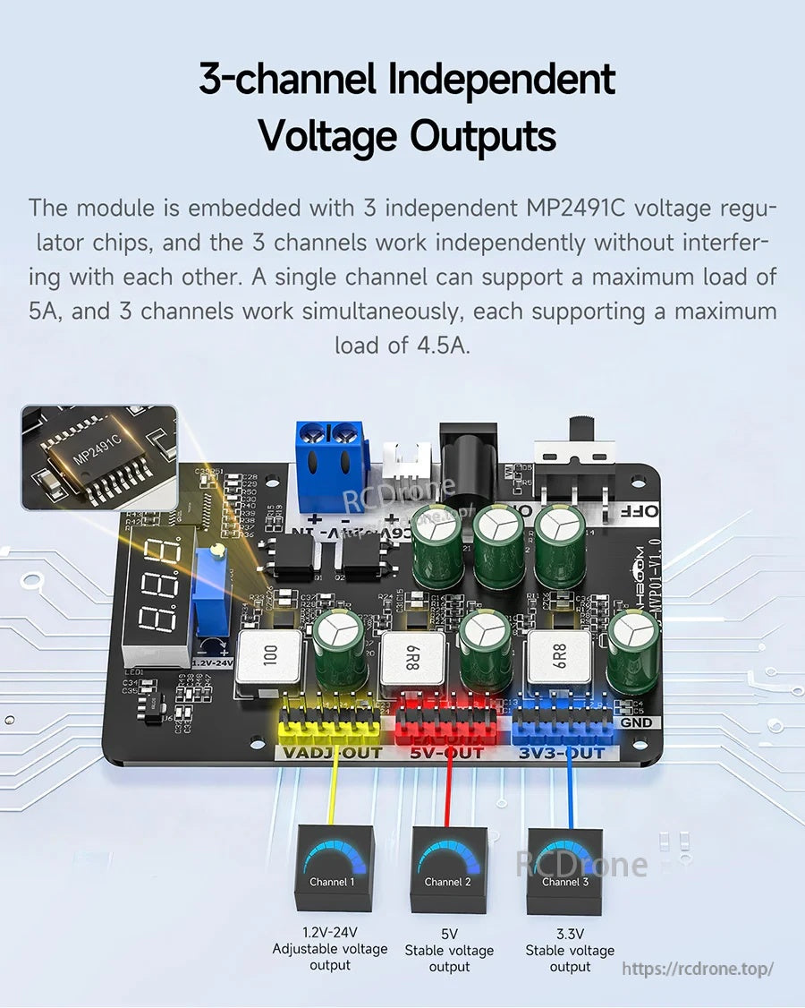 Three-channel output layout: 1.2–24V adjustable output plus independent 5V and 3.3V regulated outputs