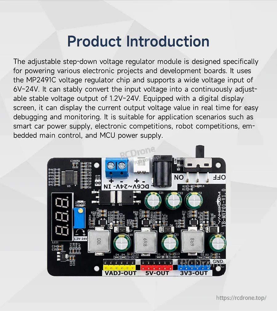 Top view of the regulator board with digital voltmeter, adjustment knob, and labeled VADJ/5V/3V3 output headers