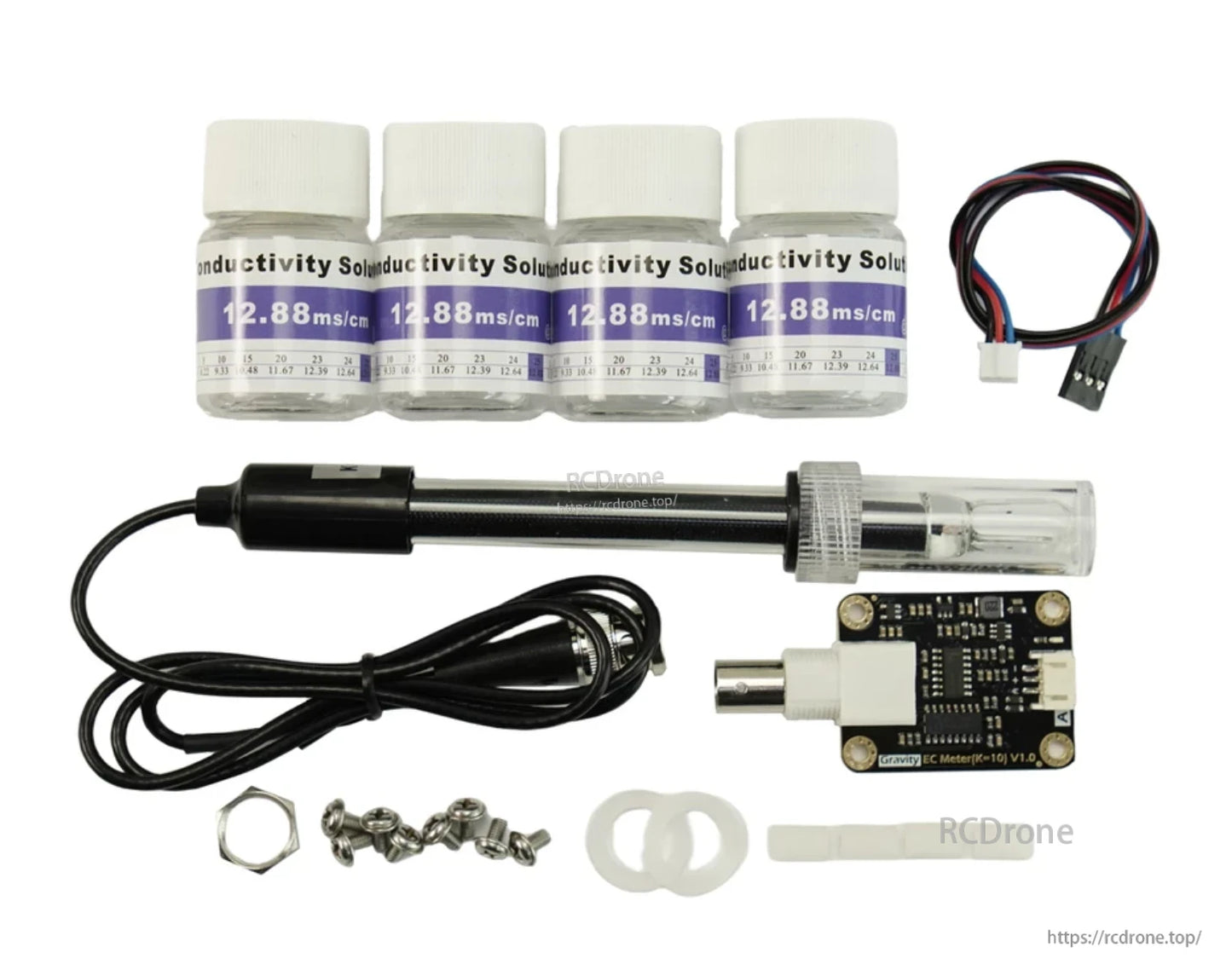 DFRobot Gravity Analog EC Sensor, Conductivity solution (12.88 ms/cm), EC sensor probe, Gravity EC Meter K=10 V1.0, cables, screws, washers, and accessories for Arduino/Raspberry Pi.