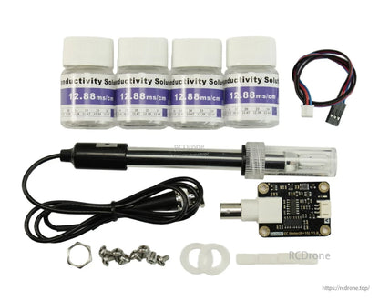 DFRobot Gravity Analog EC Sensor, Conductivity solution (12.88 ms/cm), EC sensor probe, Gravity EC Meter K=10 V1.0, cables, screws, washers, and accessories for Arduino/Raspberry Pi.