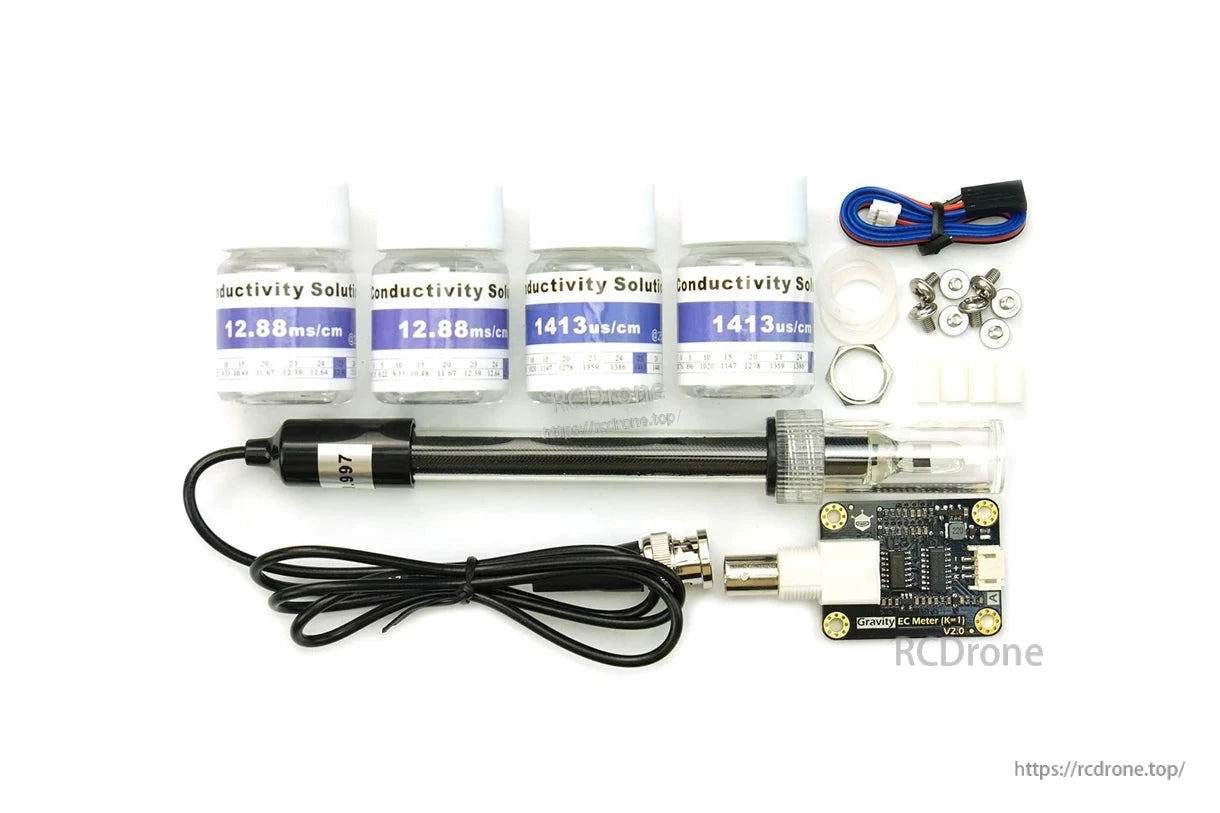 The DFRobot Gravity Analog EC Sensor kit measures water conductivity from freshwater to seawater using Arduino or Raspberry Pi.