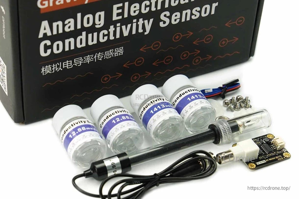 DFRobot Gravity Analog EC Sensor, Analog conductivity sensor kit includes calibration solutions, probe, and circuit board for Arduino/Raspberry Pi.