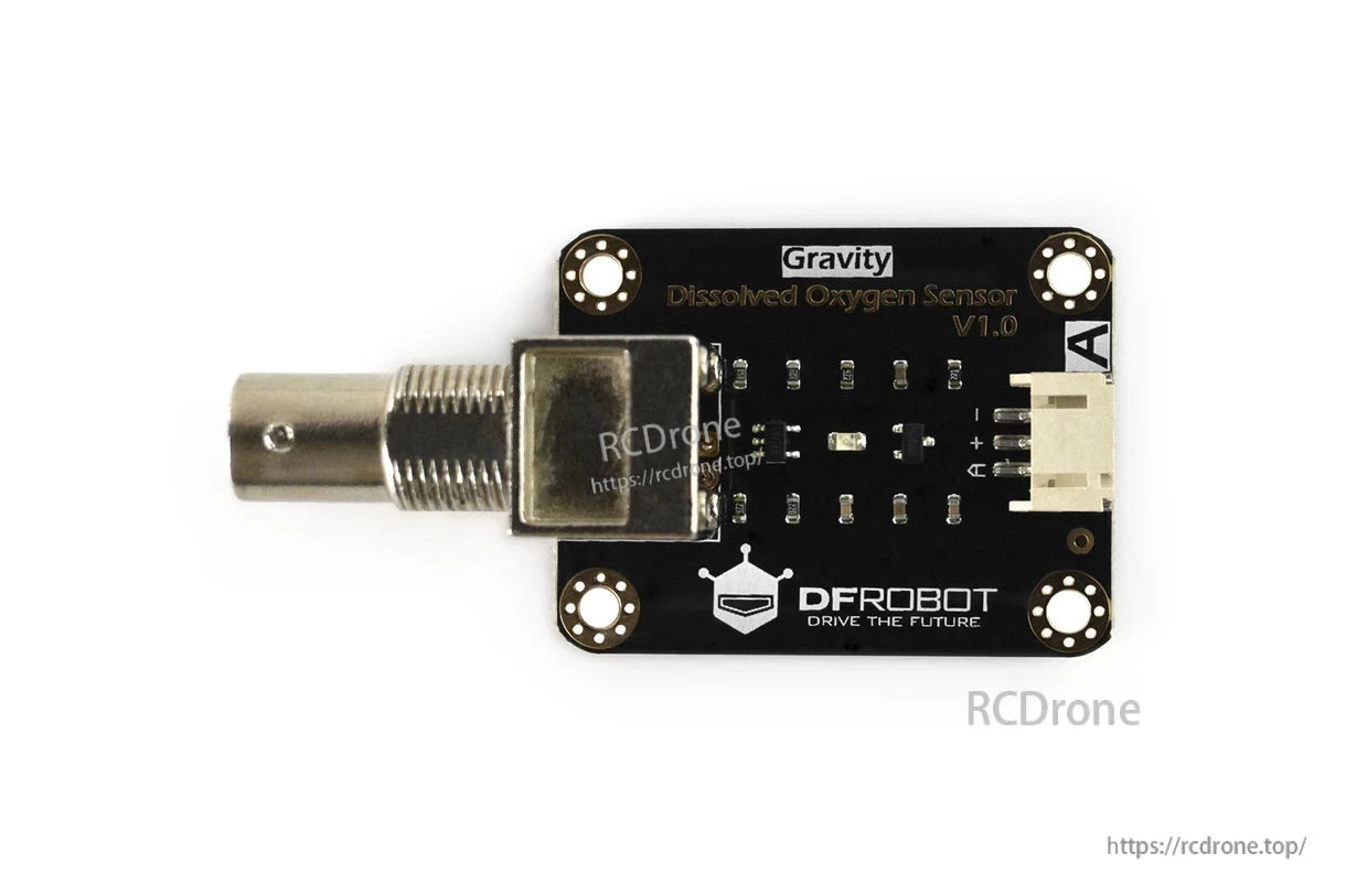 The Gravity Dissolved Oxygen Sensor V1.0 from DFRobot measures 0–20 mg/L, uses BNC and 3.3–5.5 V, compatible with Arduino, Raspberry Pi, ESP32.