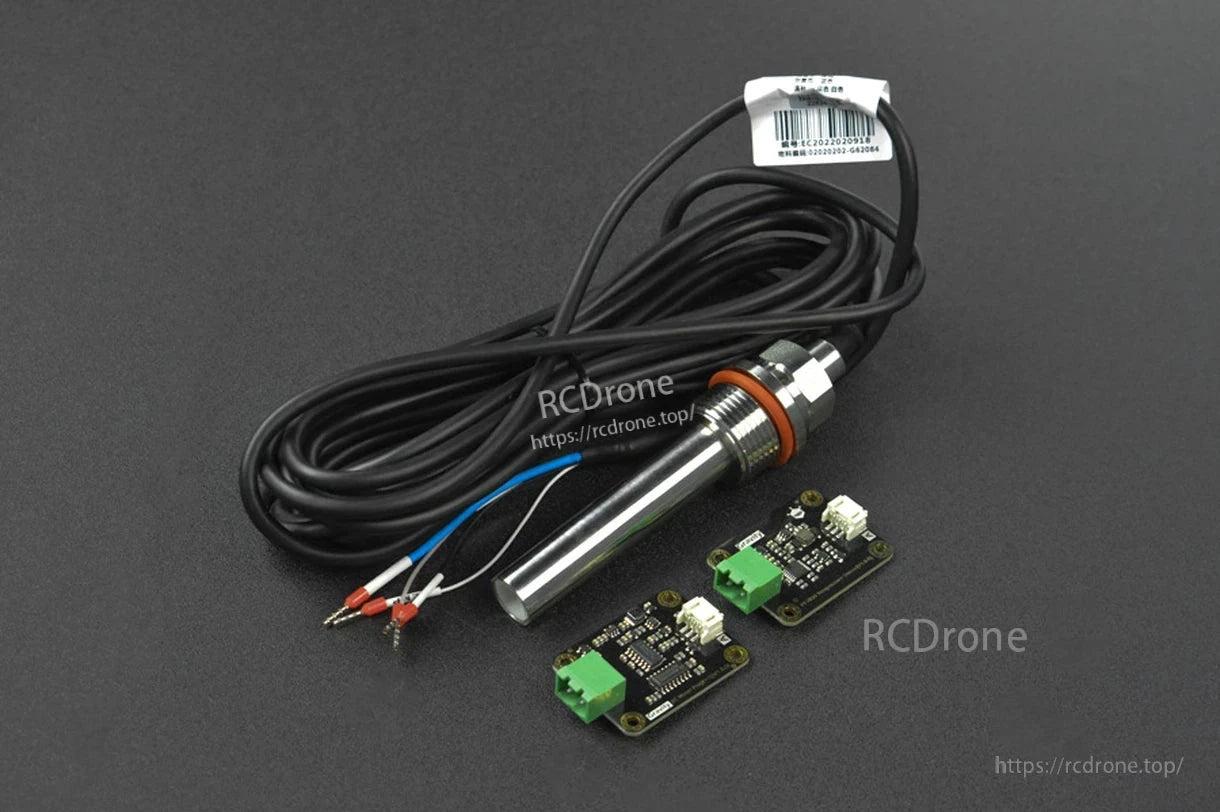DFRobot SEN0451 EC sensor measures 100–2000 µS/cm, includes PT1000 temperature compensation, operates on 3.3–5 V, and is compatible with Arduino/Raspberry Pi.