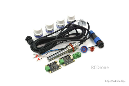 DFRobot SEN0451 EC sensor kit with IP68 rating, 100–2000 µS/cm range, PT1000 temperature compensation, 3.3–5 V, for Arduino/Raspberry Pi, includes sensor, cables, connectors, and calibration solutions.