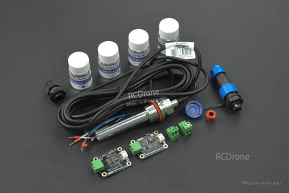 DFRobot SEN0451 EC sensor kit with IP68 rating, 100–2000 µS/cm range, PT1000 temperature compensation, 3.3–5 V, for Arduino/Raspberry Pi, includes probes, cables, and calibration solutions.