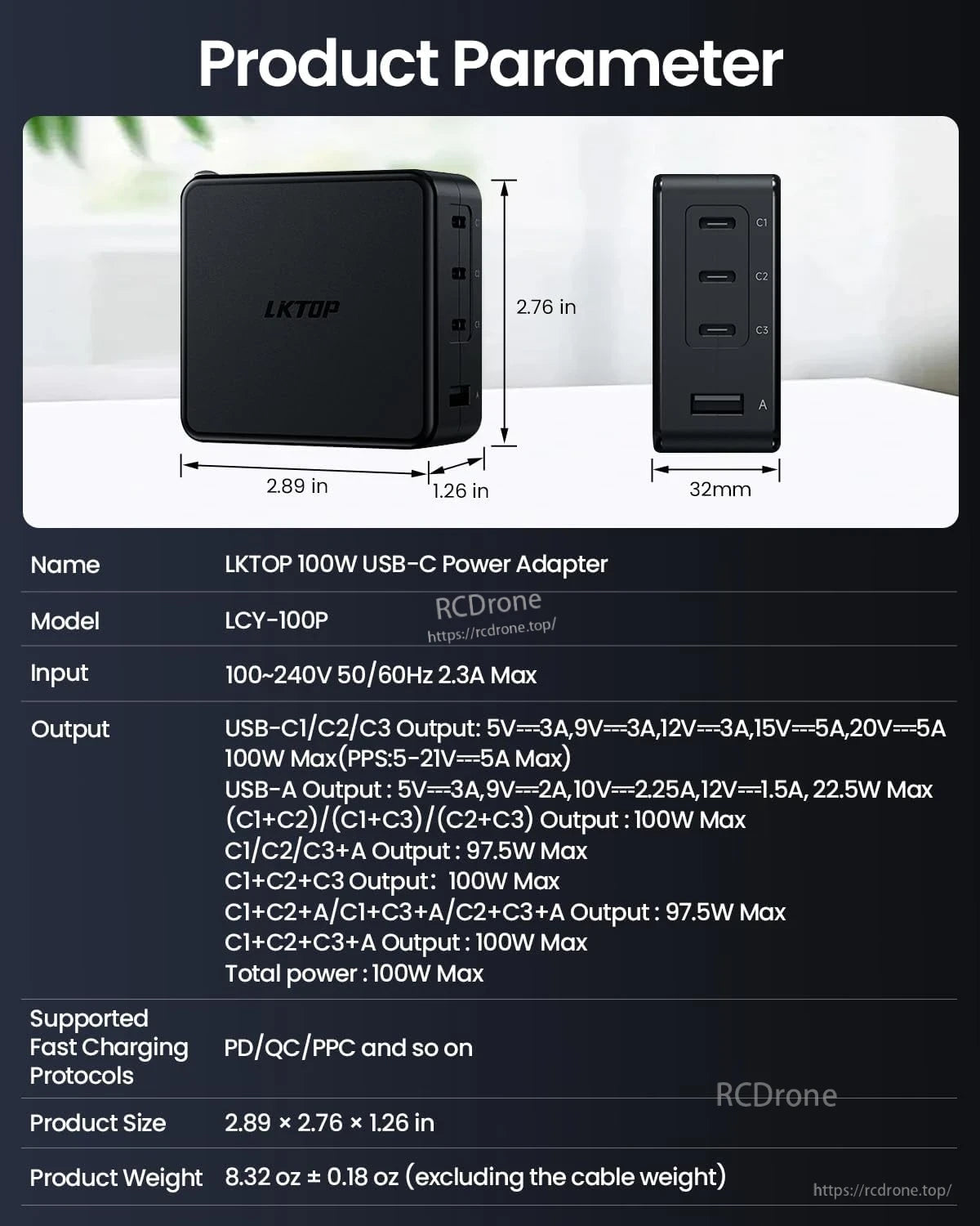DJI 100W USB-C Power, The LKTOP 100W USB-C adapter supports PD/QC/PPS, multiple voltages, global input (100–240V), and is compact and lightweight.