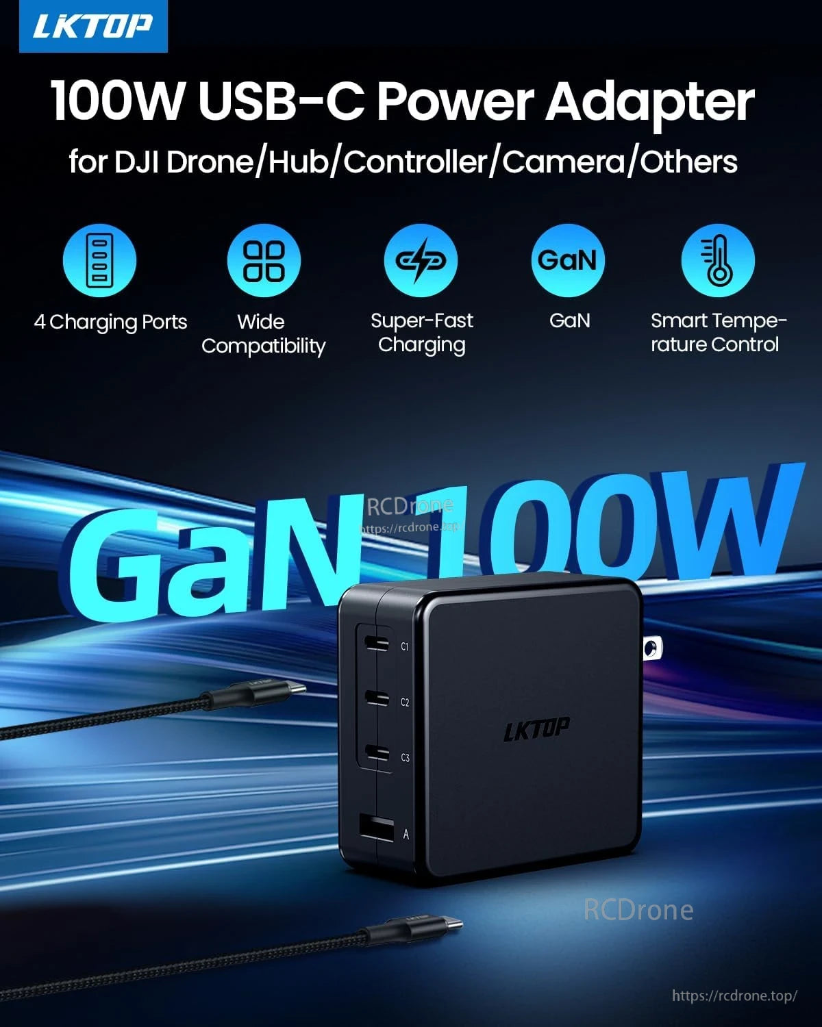 DJI 100W USB-C Power, LKTOP 100W USB-C adapter features four ports, GaN tech, fast charging, and smart cooling for DJI devices and more.