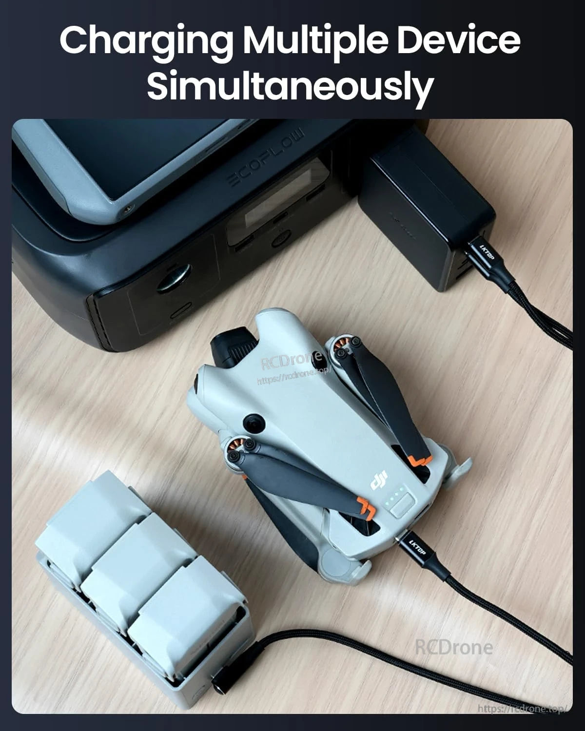 DJI 100W USB-C Power, DJI drone, battery pack, and EcoFlow power station charged simultaneously via USB-C on wood.