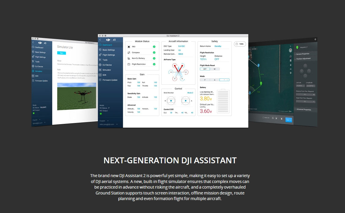 DJI A3 Autopilot Flight Controller. DJI Assistant 2 simplifies setup. offers a flight simulator. and enhances Ground Station for touch interaction and mission planning.