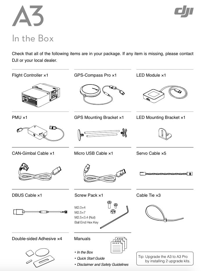 DJI A3 Pro Autopilot Flight Controller. DJI A3 package contents: flight controller. GPS-Compass Pro. LED module. PMU. mounts. cables. screws. adhesive. manuals; upgrade tip to A3 Pro included.