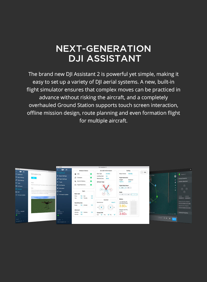 DJI A3 Pro Autopilot Flight Controller. DJI Assistant 2 simplifies setup. offers a flight simulator. and features an enhanced Ground Station for interactive. offline mission design and multi-drone formation flight.