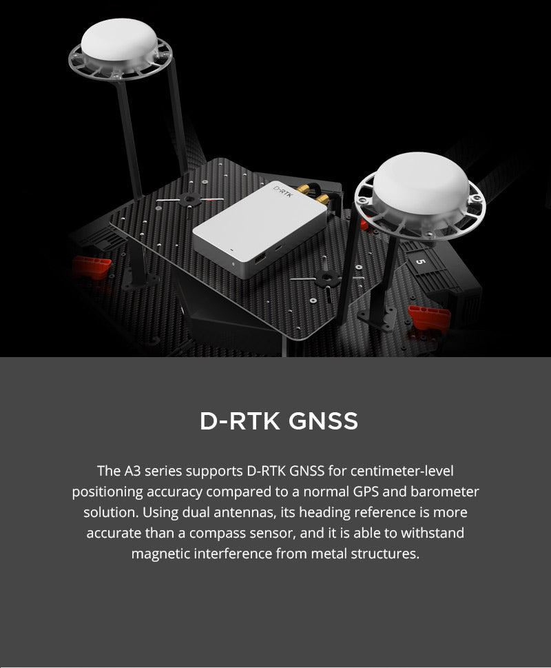 DJI A3 Pro Autopilot Flight Controller. A3 series utilizes D-RTK GNSS for precise. centimeter-level accuracy and dual antennas to ensure reliable heading reference and resist magnetic interference.