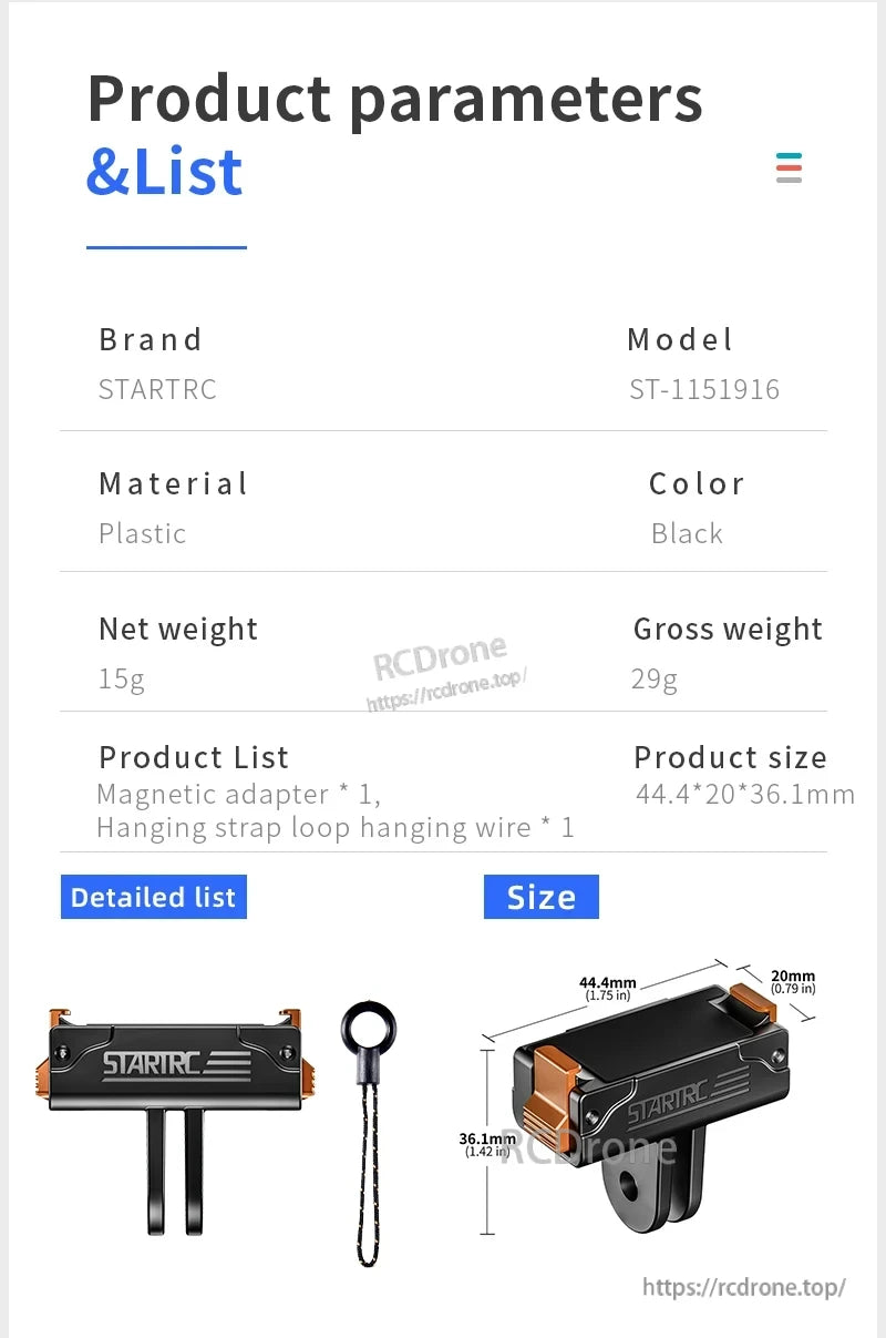 DJI Action 5 Mount, STARTRC ST-1151916 black plastic magnetic adapter, 15g, includes adapter and hanging wire. Size: 44.4×20×36.1mm.