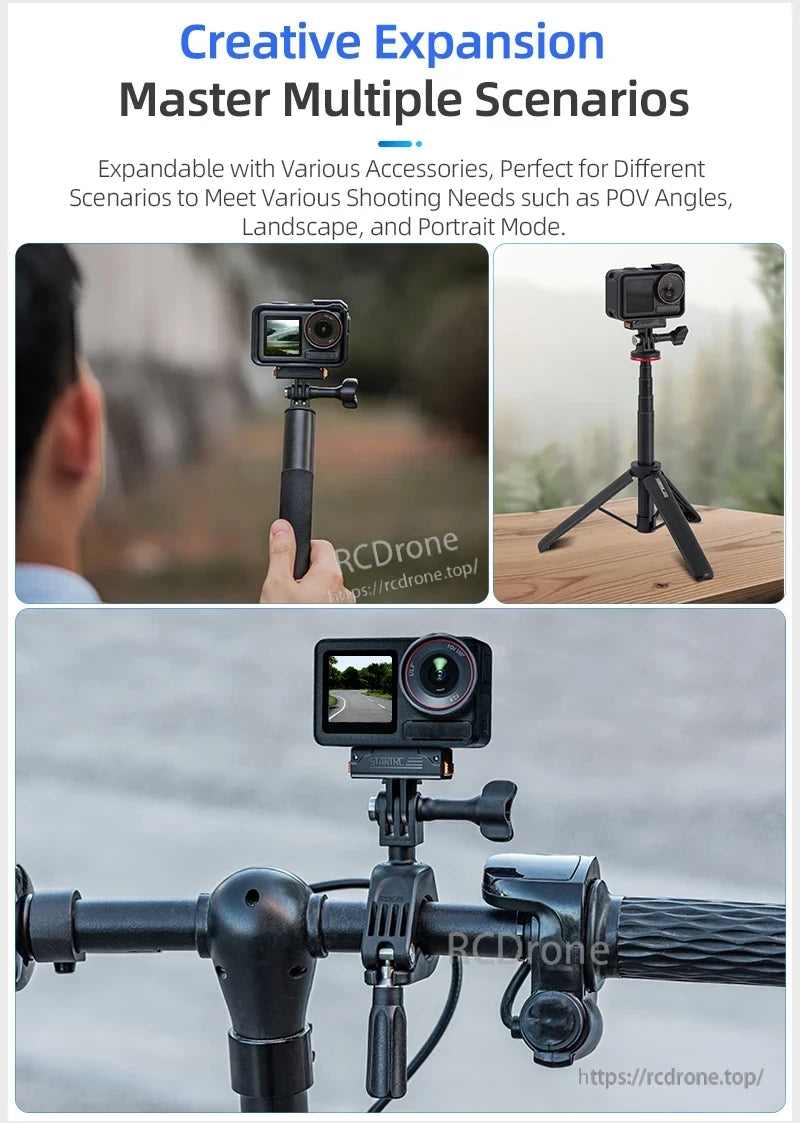 DJI Action 5 Mount, Versatile mount for drones, supporting POV, landscape, and portrait modes with accessories for diverse creative applications.