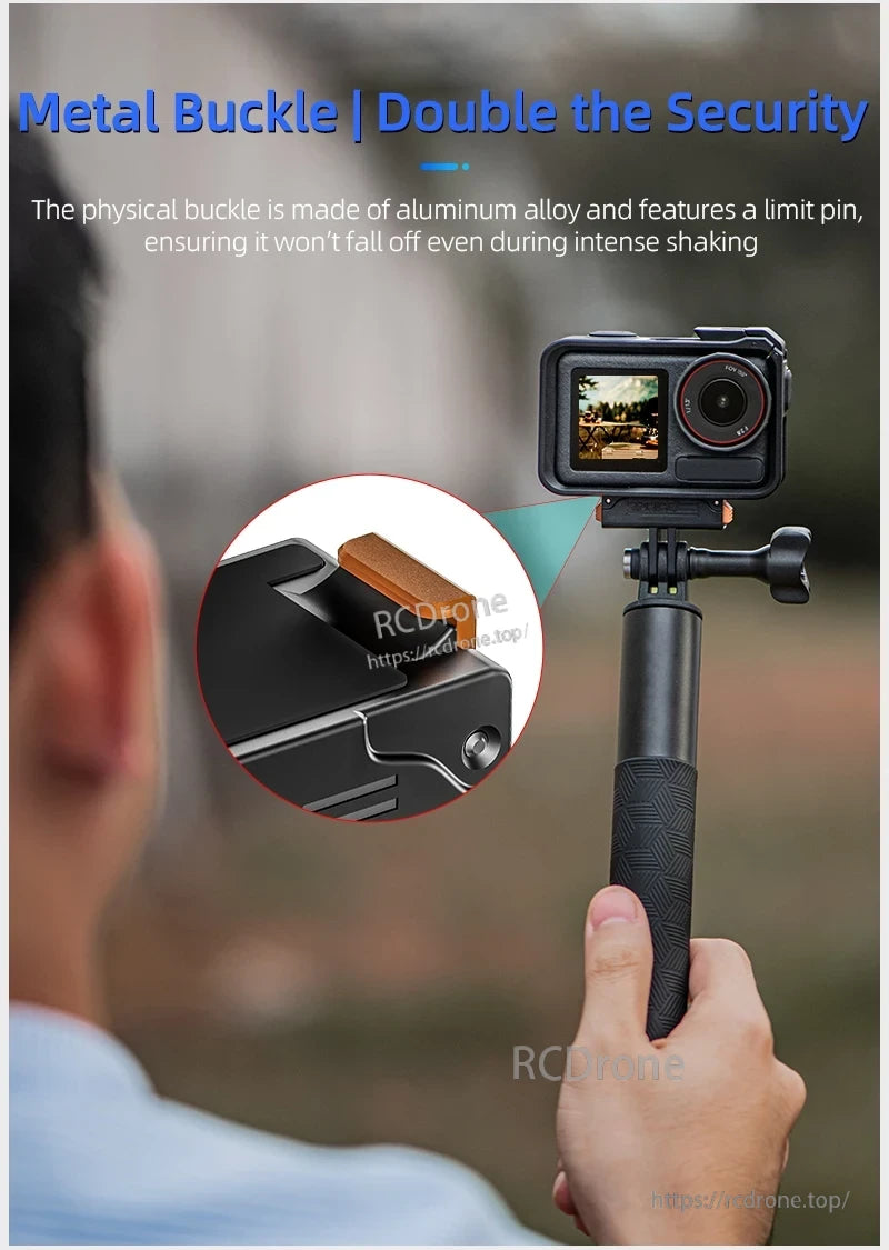 DJI Action 5 Mount, Metal buckle ensures secure camera mounting with limit pin.