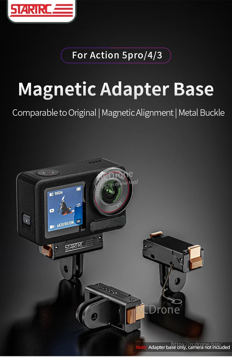 DJI Action 5 Mount, Magnetic adapter base for Action 5 Pro/4/3, features magnetic alignment and metal buckle. Compatible with original accessories. Adapter sold separately—camera not included.