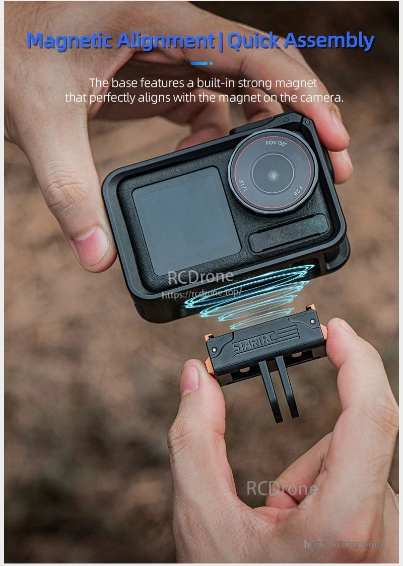 DJI Action 5 Mount, Magnetic alignment enables quick assembly of camera and mount with strong magnets.