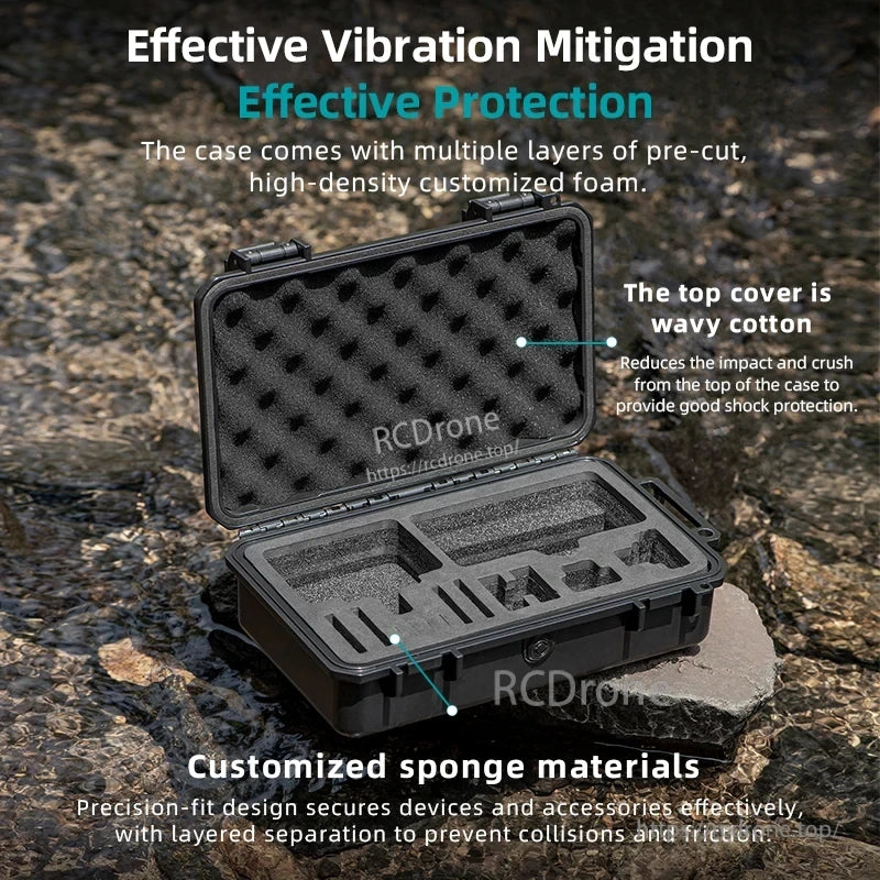DJI Action 5 Pro Waterproof Case, Multi-layer foam, wavy cotton cover, and customized sponge reduce vibration, impact, and friction, securely protecting devices.