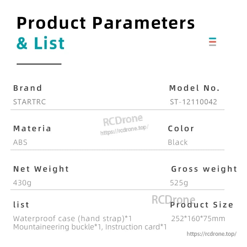 DJI Action 5 Pro Waterproof Case, STARTRC black ABS waterproof case, 430g, 252×160×75mm, includes hand strap, buckle, and instruction card. Durable, lightweight, ideal for protecting gear.