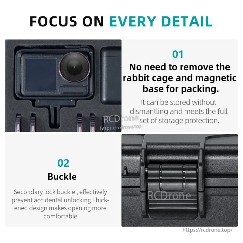 DJI Action 5 Pro Waterproof Case, Secondary lock buckle prevents accidental unlocking; no need to remove cage or base. Focus on details for secure, hassle-free use. (24 words)