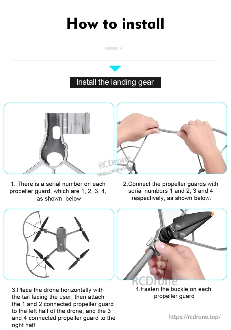 DJI Air 3 Landing Gear, Attach numbered propeller guards (1-2 left, 3-4 right) to corresponding sides, tail facing you; secure buckles firmly for proper landing gear installation.