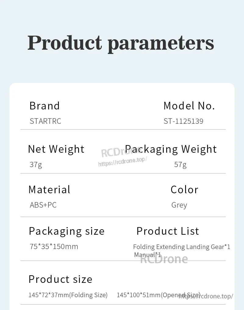 DJI Air 3 Landing Gear, STARTRC ST-1125139 drone: 37g net, 57g packaged, ABS+PC grey body, folds to 145×72×37mm, includes landing gear and manual.