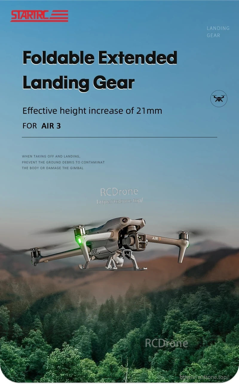 DJI Air 3 Landing Gear, Foldable landing gear for DJI Air 3 adds 21mm height, preventing debris and gimbal damage during takeoff and landing.