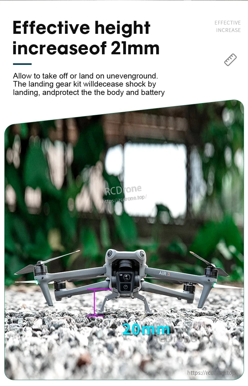 DJI Air 3 Landing Gear, Landing gear adds 21mm height for safe takeoff/landing on uneven terrain, protecting the drone body and battery.