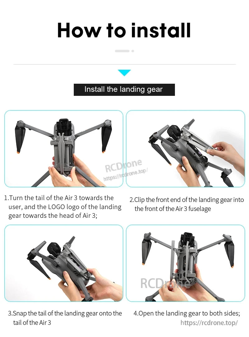 Align tail and logo, clip front, snap tail end, then open both sides to install DJI Air 3 landing gear.