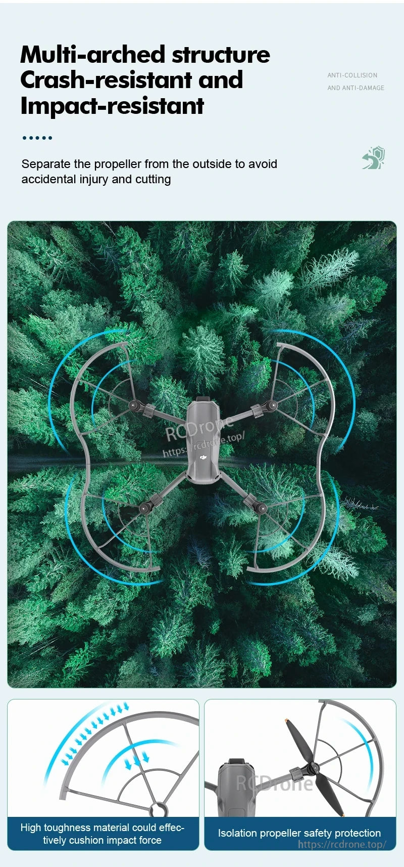 DJI Air 3 Landing Gear, Multi-arched design with propeller isolation and high-toughness materials ensures impact resistance and safety.