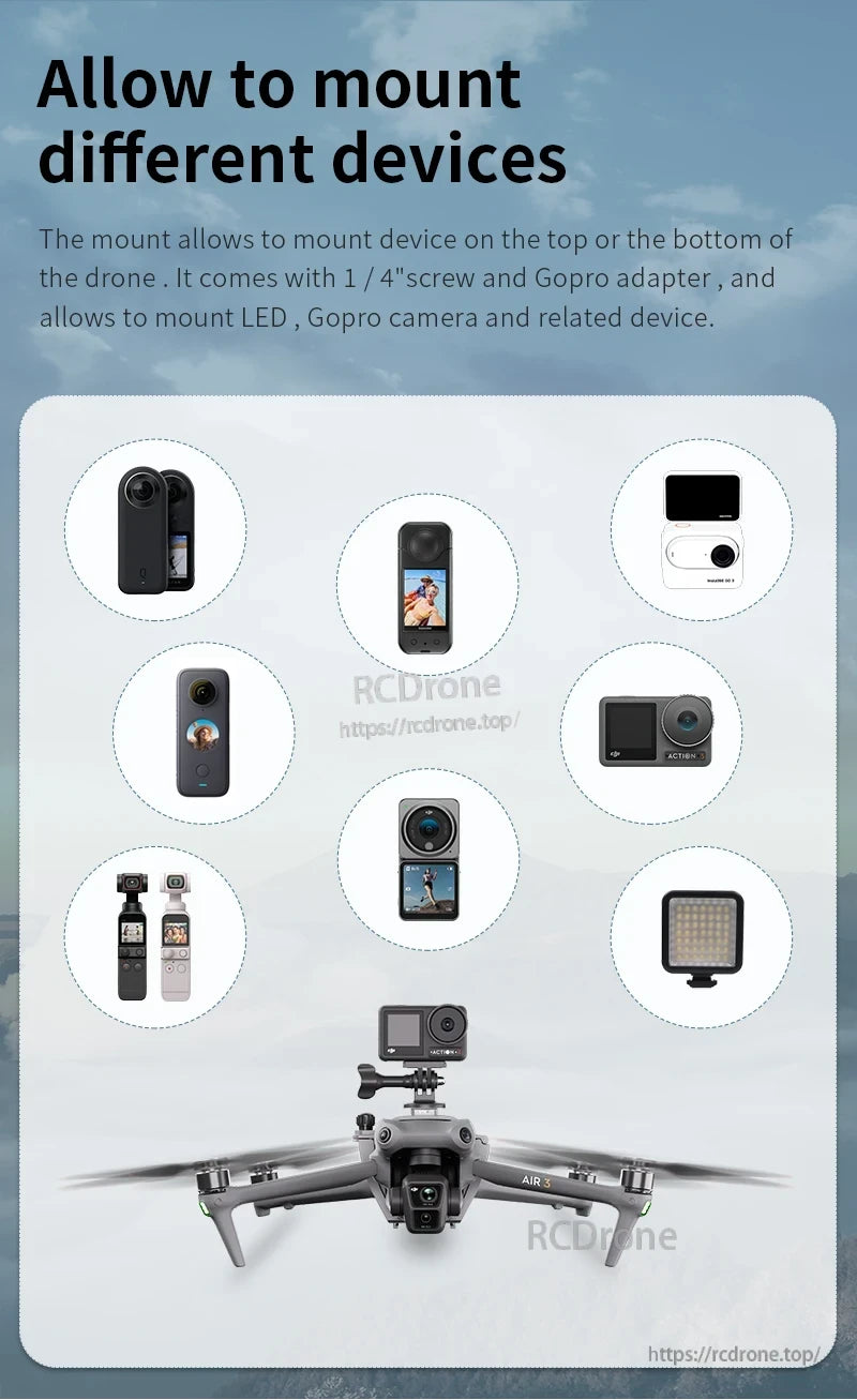 DJI Air 3 mount holder allows top/bottom mounting via 1/4" screw and GoPro adapter, compatible with LED lights, GoPro, and similar devices.