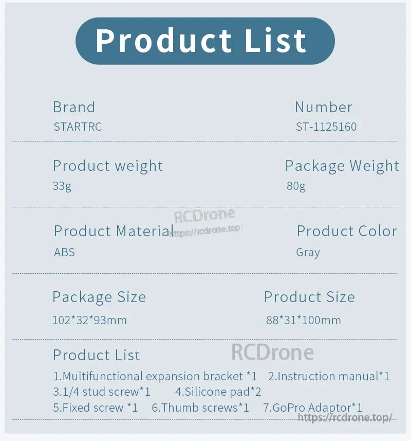DJI Air 3 Mount Holder, STARTRC ST-1125160 gray ABS bracket (33g, 88×31×100mm) with accessories. Package: 80g, 102×32×93mm. Includes manual, screws, pads, GoPro adapter.