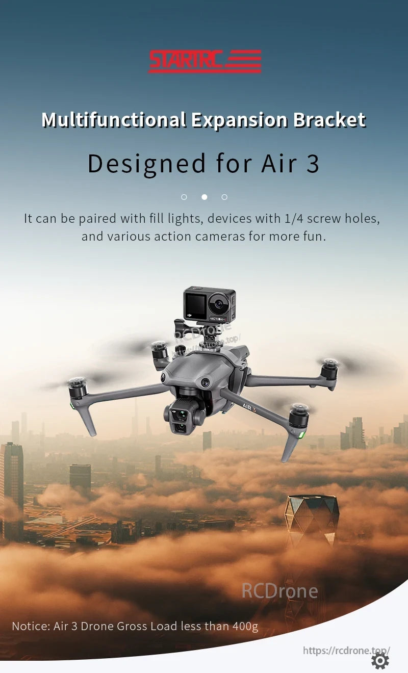 DJI Air 3 Mount Holder, Multifunctional bracket for DJI Air 3, supports lights, 1/4" screw devices, action cameras; holds up to 400g.