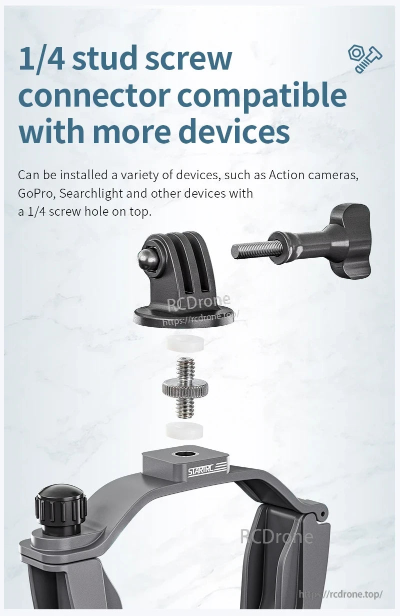 DJI Air 3 Mount Holder, 1/4 stud screw connector for action cameras, GoPro, searchlight and similar devices.