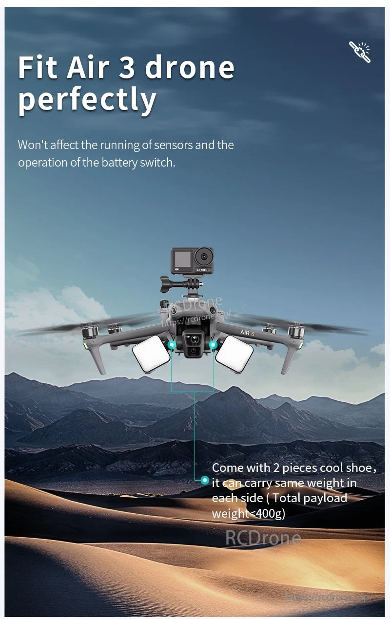 DJI Air 3 Mount Holder, Fits Air 3 drone perfectly, doesn't affect sensors or battery switch, includes two cool shoes, total payload under 400g.