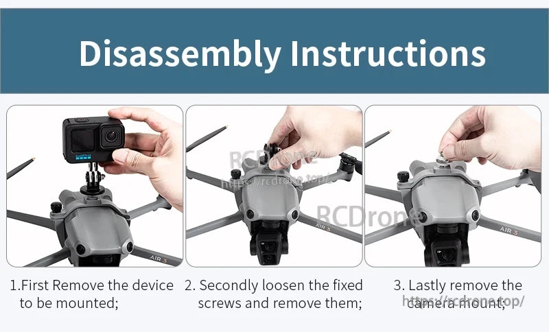 Disassembly guide for DJI Air 3 mount holder with three steps.