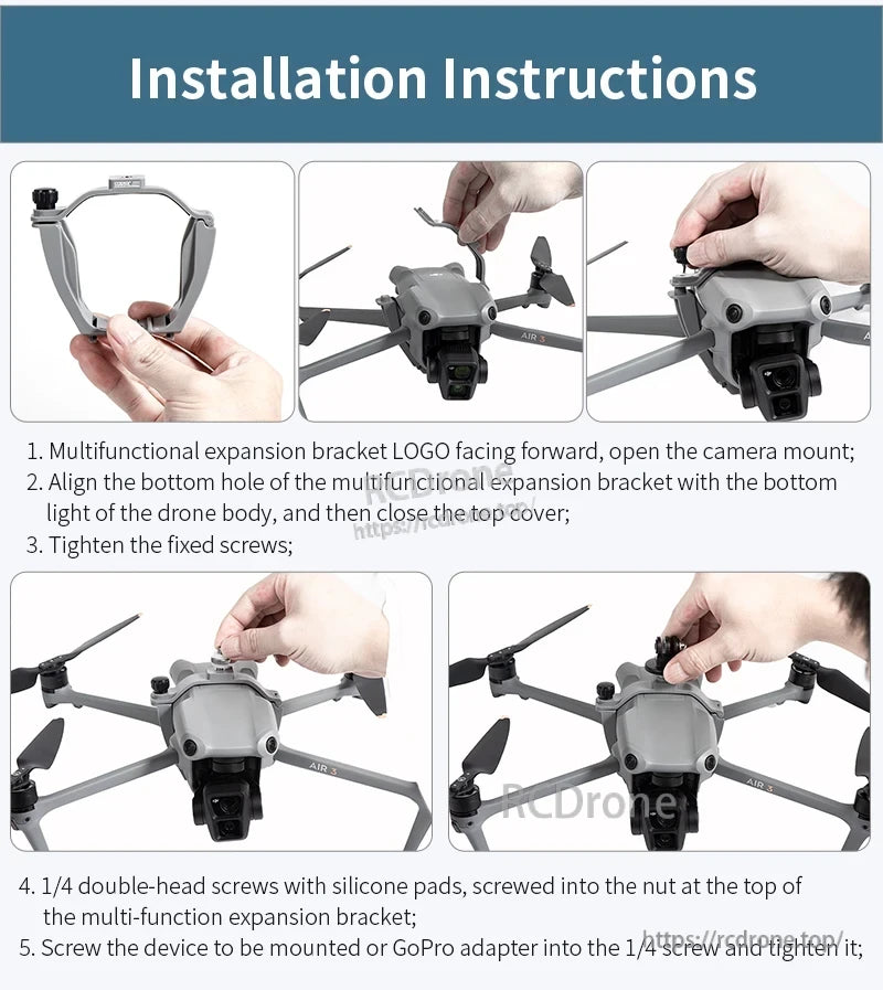 DJI Air 3 Mount Holder, Attach DJI Air 3 mount by aligning bracket, securing screws, inserting 1/4” screw with silicone pad, and fastening device or GoPro adapter firmly for safe accessory use.