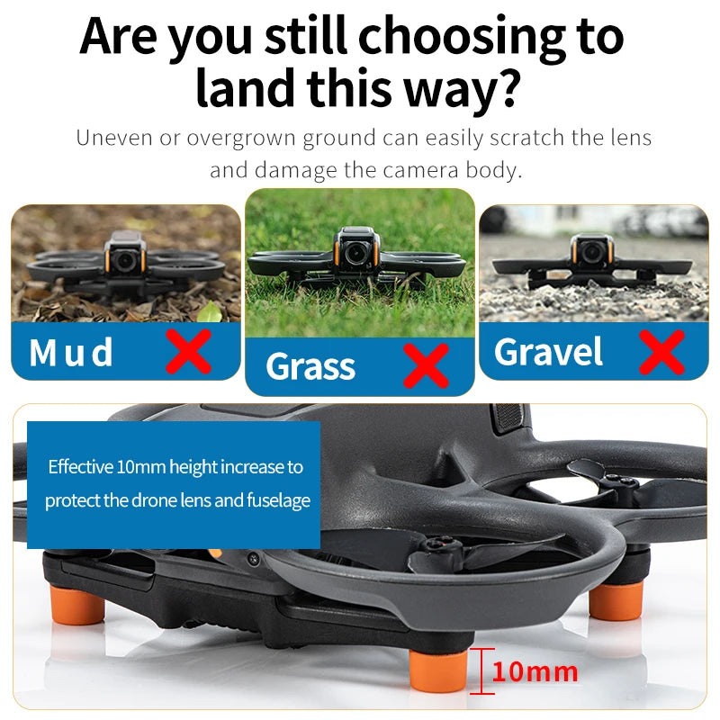 DJI Avata 2 foot pads elevate drone 10mm to shield lens and body from mud, grass, and gravel damage.