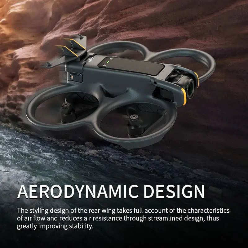 DJI Avata 2 Tail Wing, Aerodynamic design enhances stability with streamlined rear wing.
