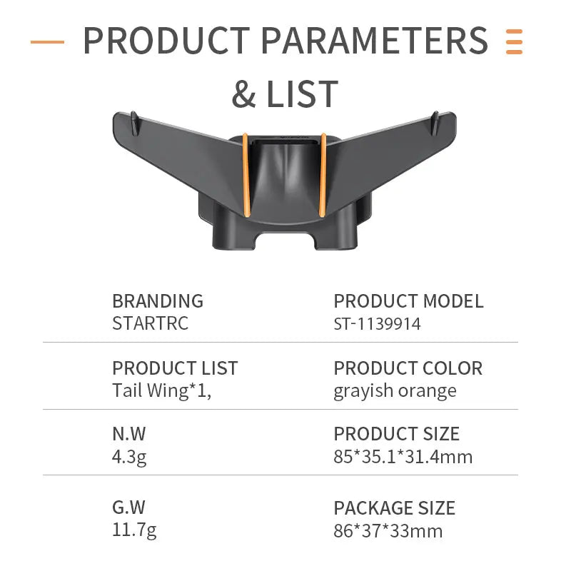 DJI Avata 2 Tail Wing (ST-1139914), grayish orange, 85×35.1×31.4mm, weighs 4.3g; package includes one tail wing.