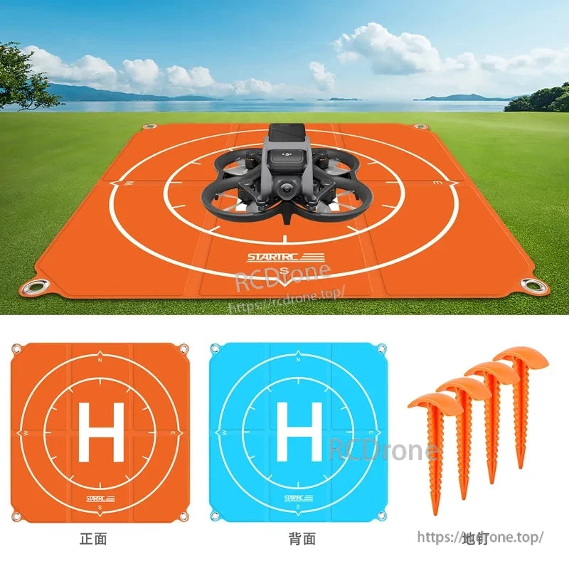 DJI Avata landing pad with foldable design and ground pegs for various drone sizes, ideal for DJI Mini 3 accessories.