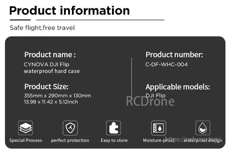 DJI Flip Waterproof Case, CYNNOVA DJI Flip case, 355x290x130mm, offers waterproof, moisture-proof protection with easy storage.