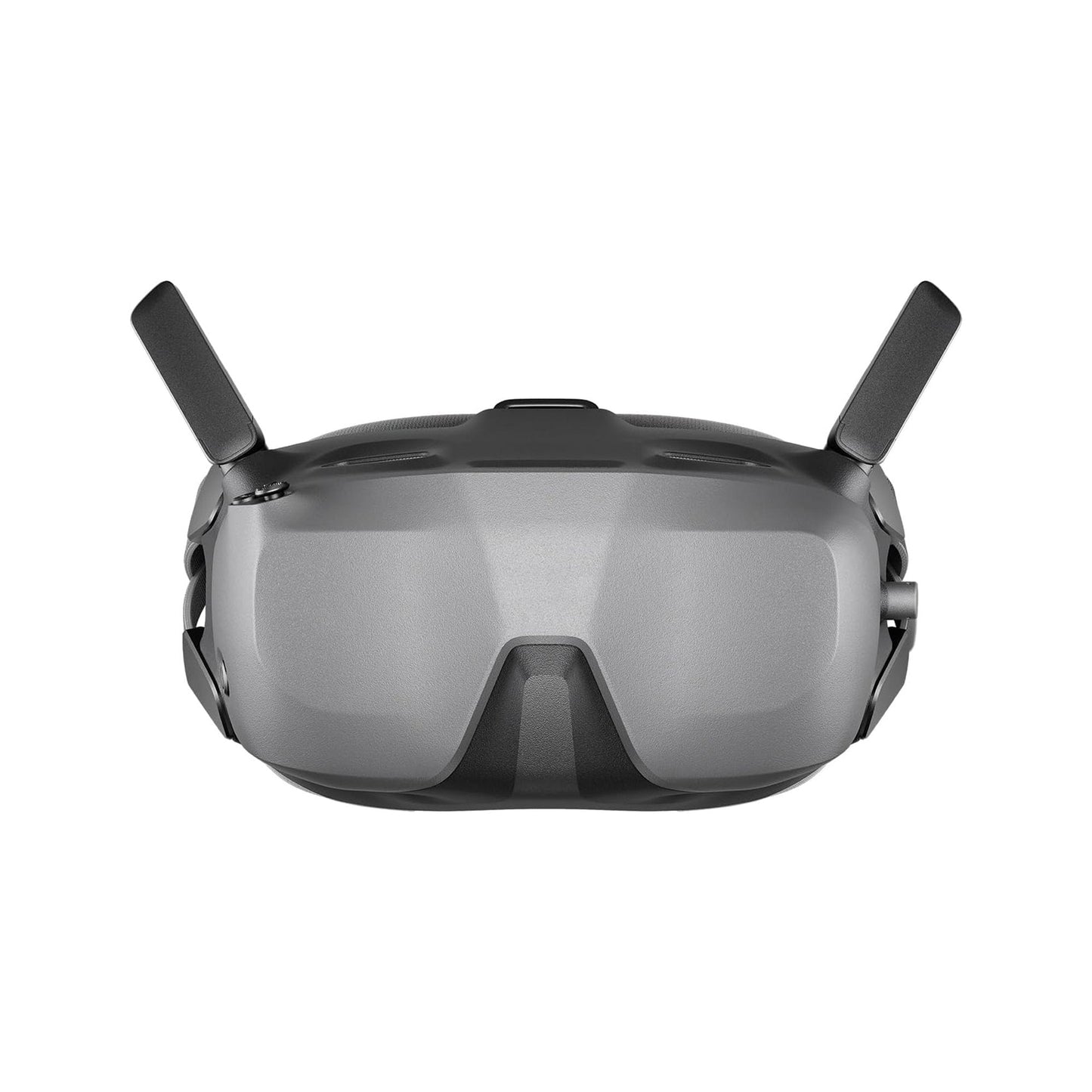 DJI Goggle, DJI FPV goggles with grey visor front and two top antennas, front view on a white background