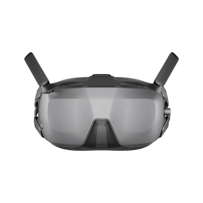 DJI Goggle, DJI FPV goggles with grey visor front and two top antennas, front view on a white background