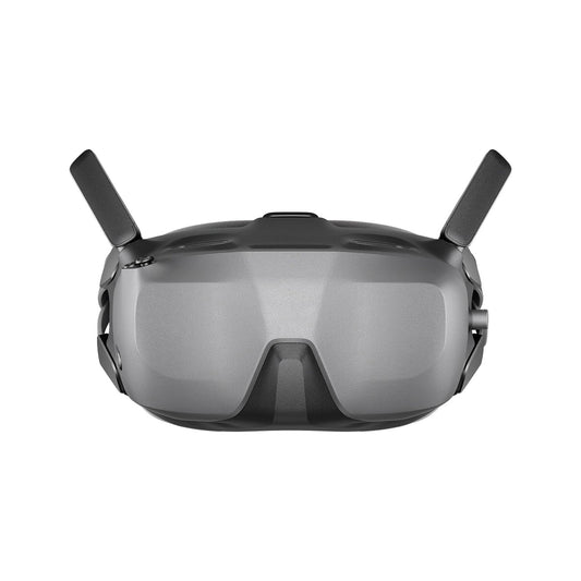 DJI Goggle, DJI FPV goggles with grey visor front and two top antennas, front view on a white background