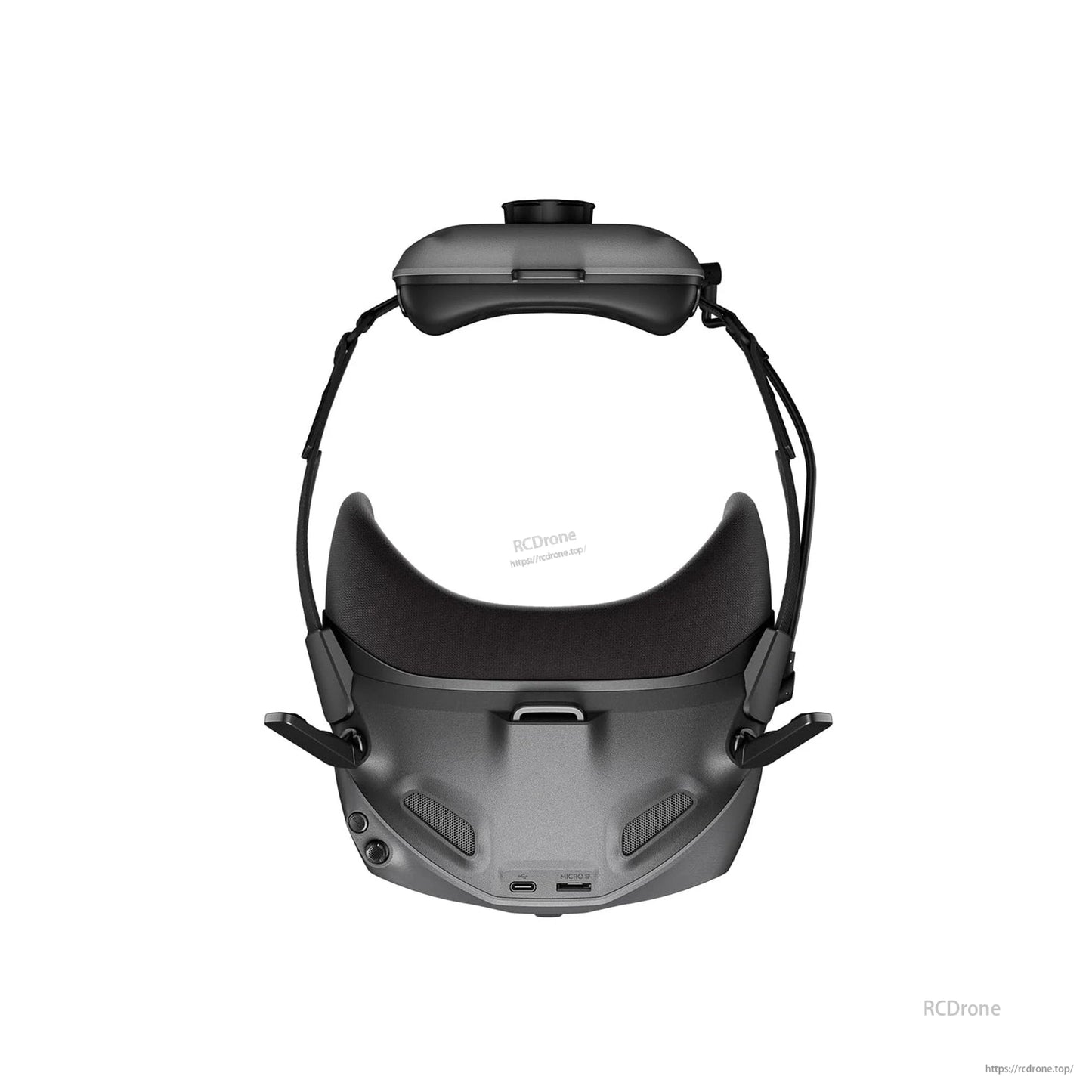 DJI Goggle, Front view of DJI FPV goggles headset with padded face cushion, adjustable headband, USB-C port and microSD slot.